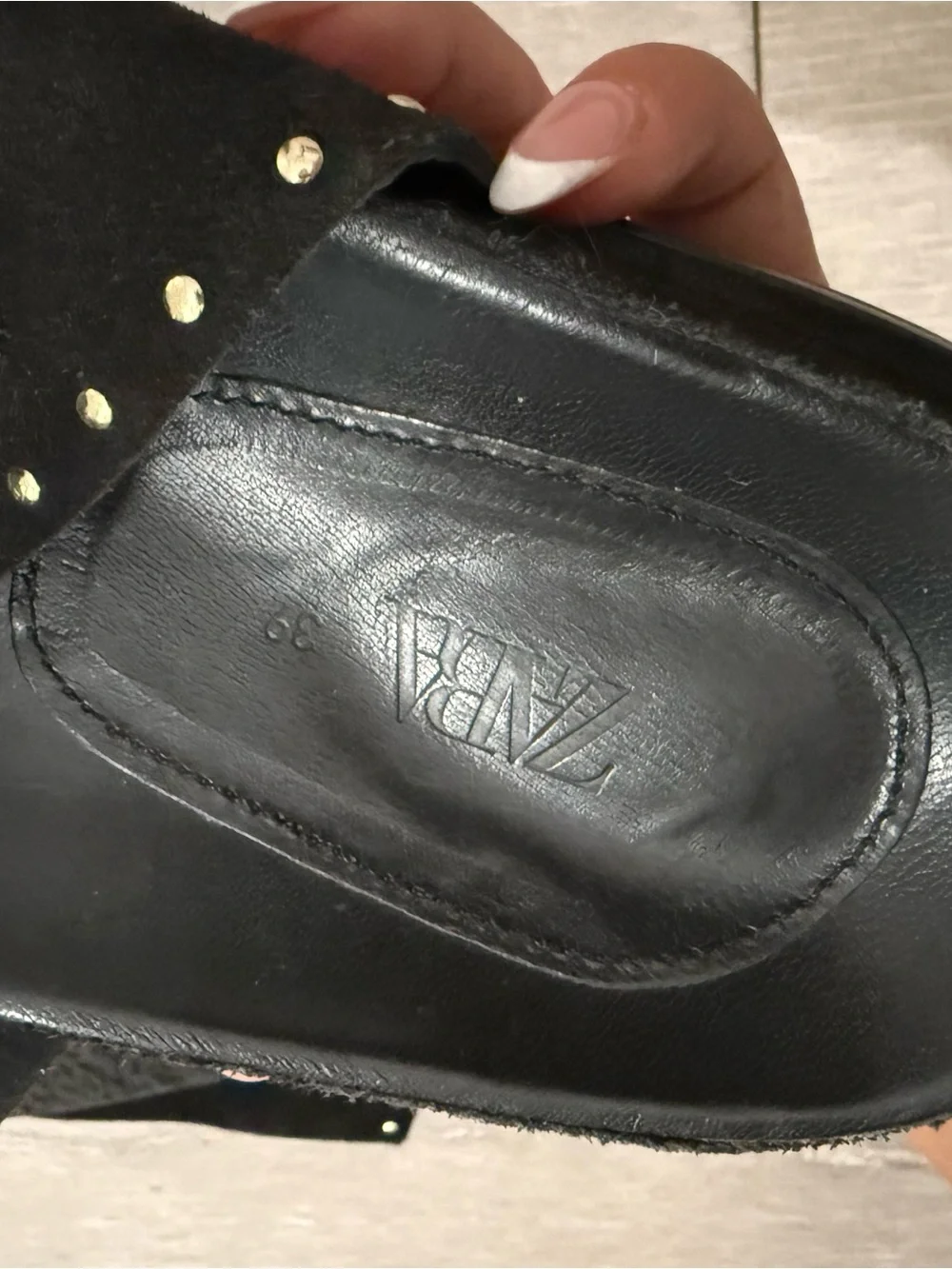 Zara Black Slide Sandals with Gold Buckles - Picture 3 of 4